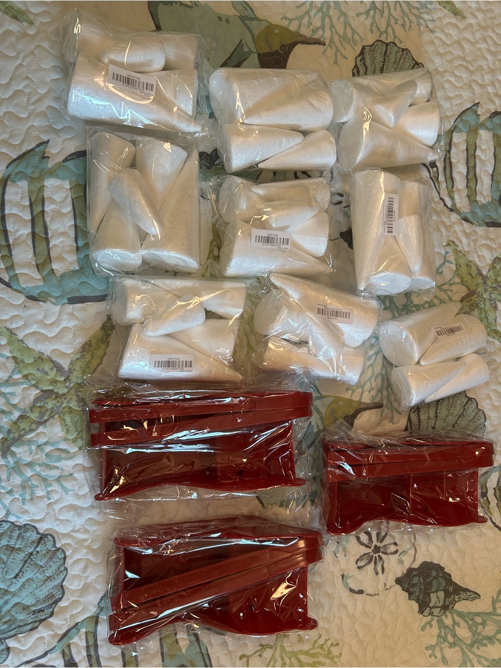 9 paks of White Foam Cone Party Decorations & 3 Red Plastic Sleds for crafting